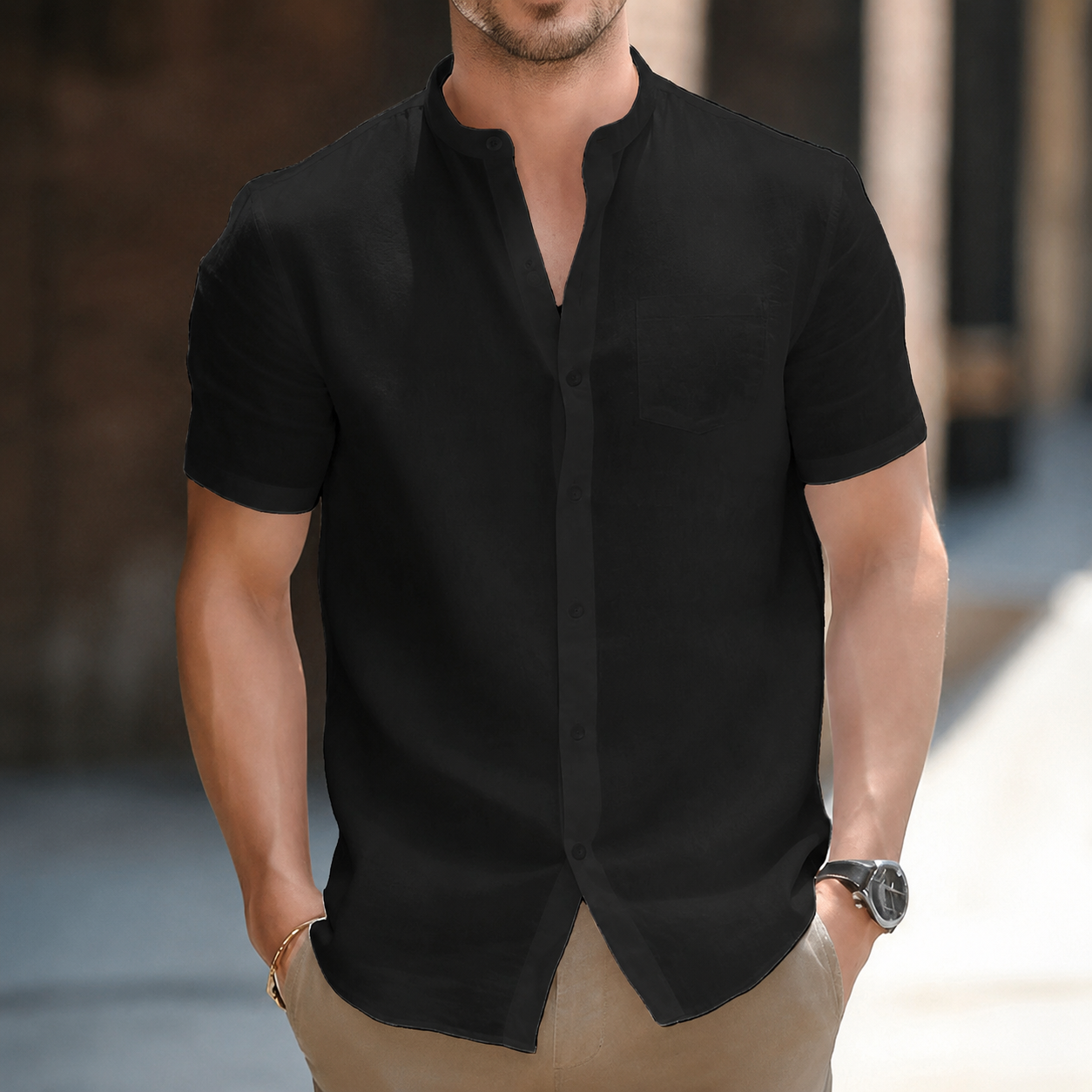 Vintage Retro Slim Fit Short Sleeve Casual Collared Shirt For Men