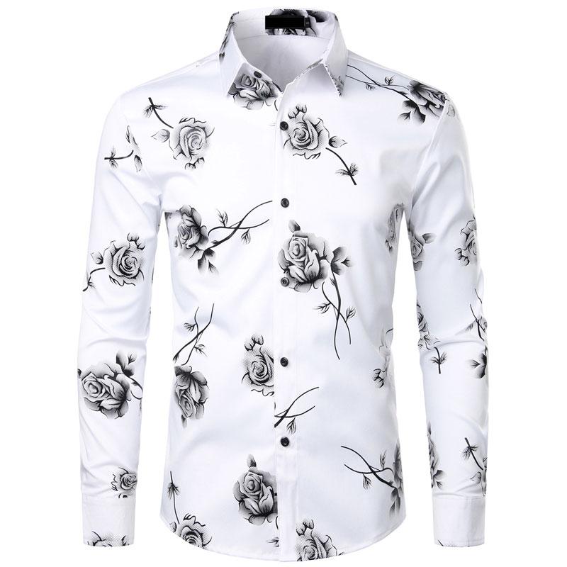 Slim Fit 3D Rose Print Long Sleeve Casual Shirt For Men
