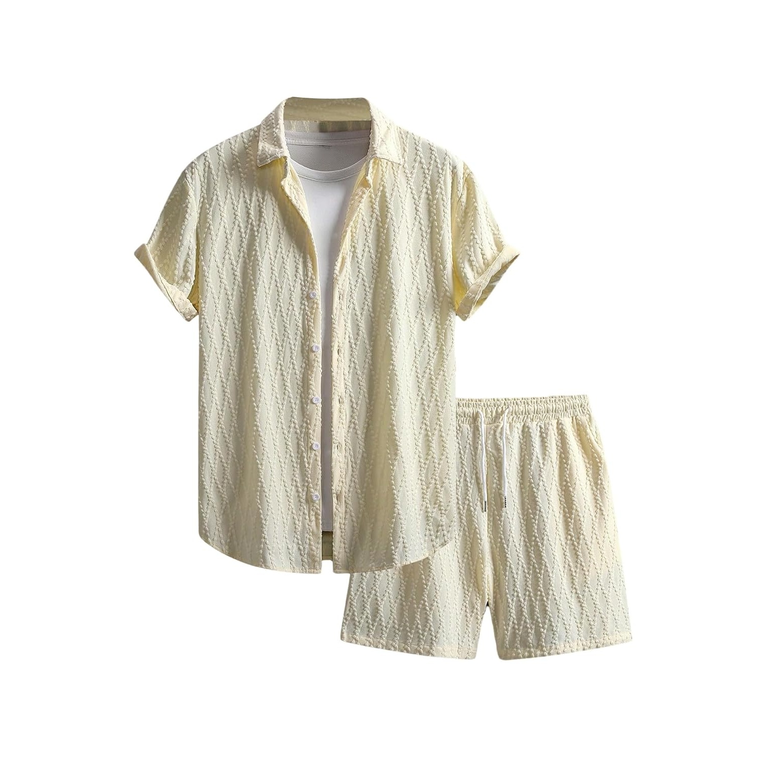 Waffle Knit Button Down Shirt and Shorts Set For Men