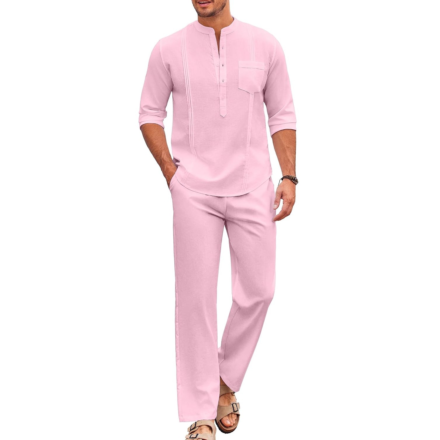 Casual Long Sleeve Loose Beach Shirt And Pant Set For Men