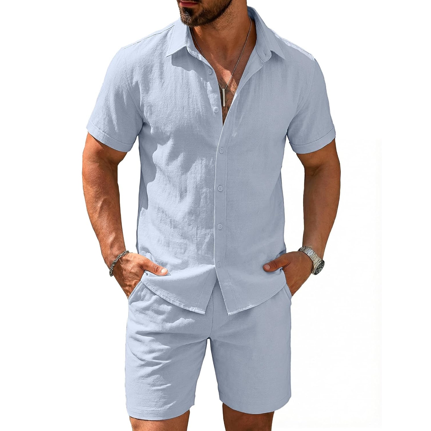 Casual Cotton Linen Summer Beach Wear Shirt And Short Set For Men