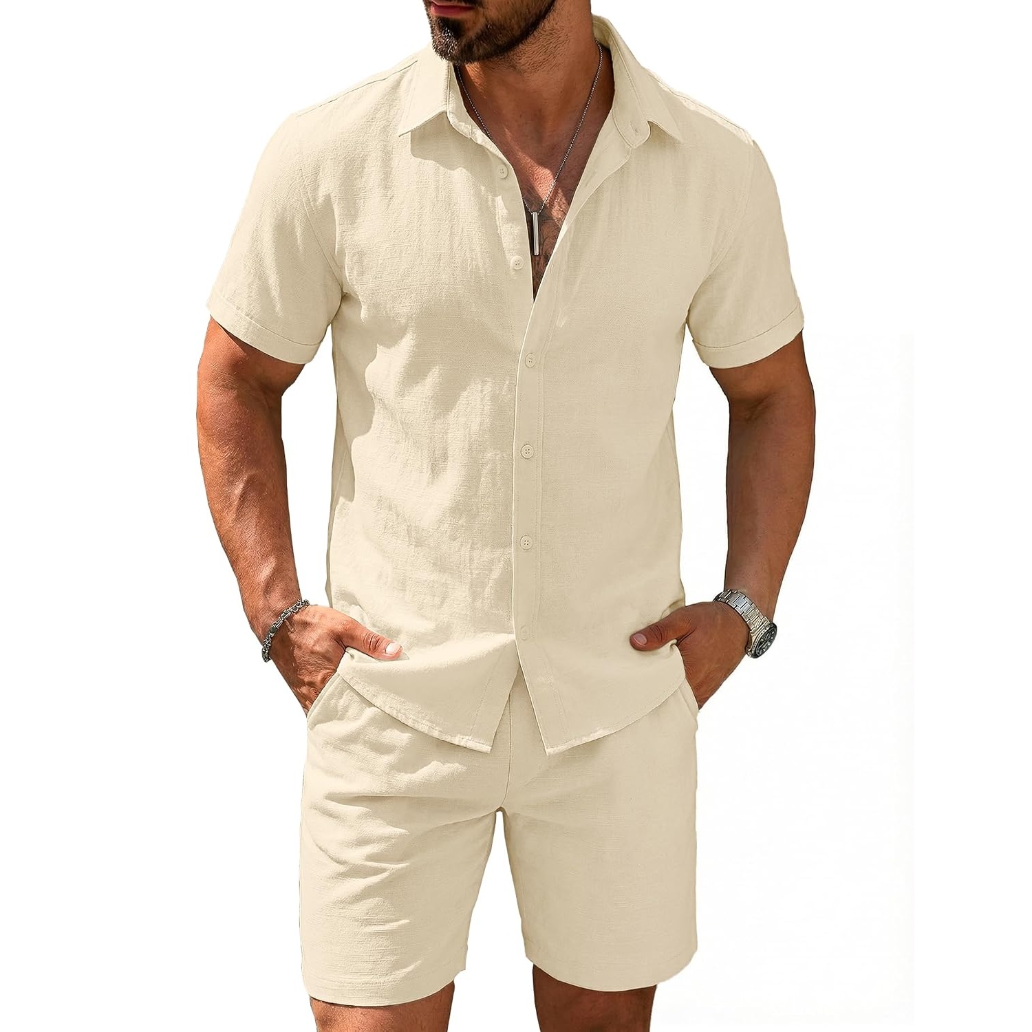 Casual Cotton Linen Summer Beach Wear Shirt And Short Set For Men