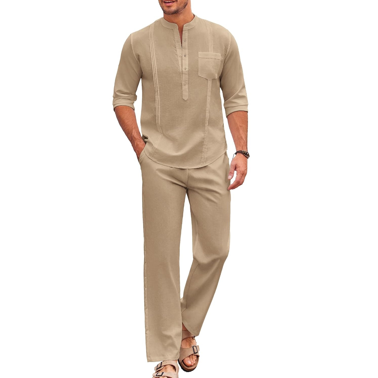 Casual Long Sleeve Loose Beach Shirt And Pant Set For Men