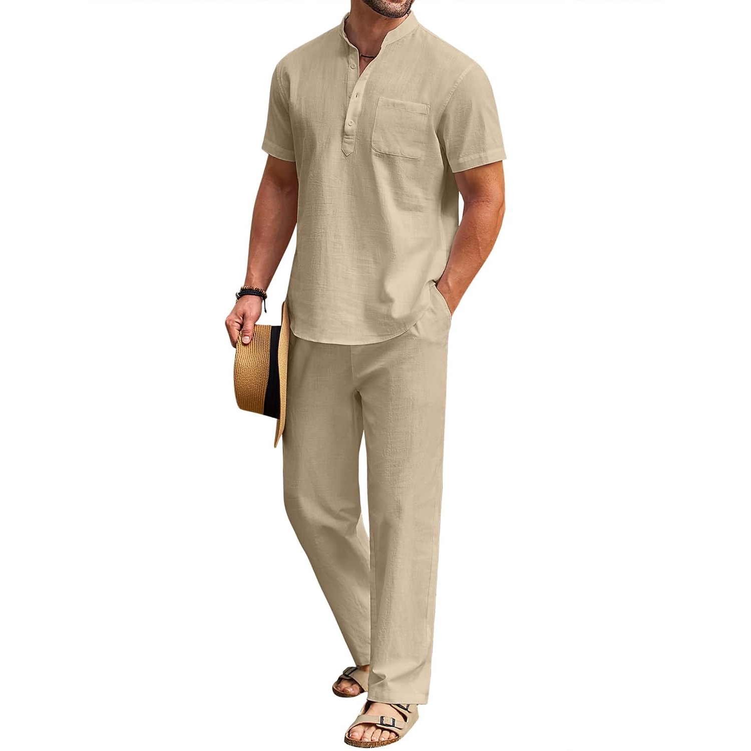 Casual Short Sleeve Cotton Linen Shirt And Pant Set For Men