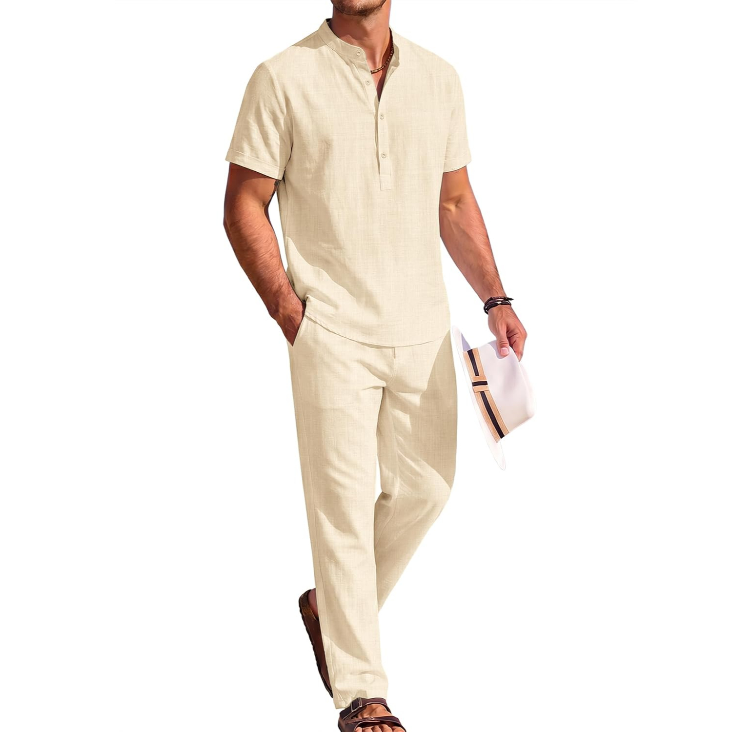 2 Pieces Casual Short Sleeve Henley Shirt And Pant Outfits Set For Men