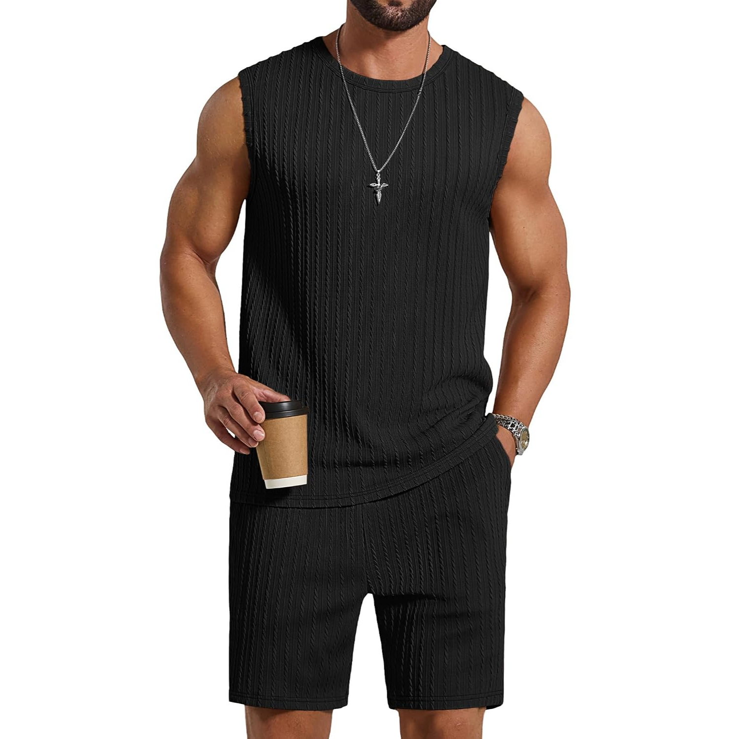 2 Pieces Knit Jacquard Sleeveless Shirt and Short Sets Set For Men