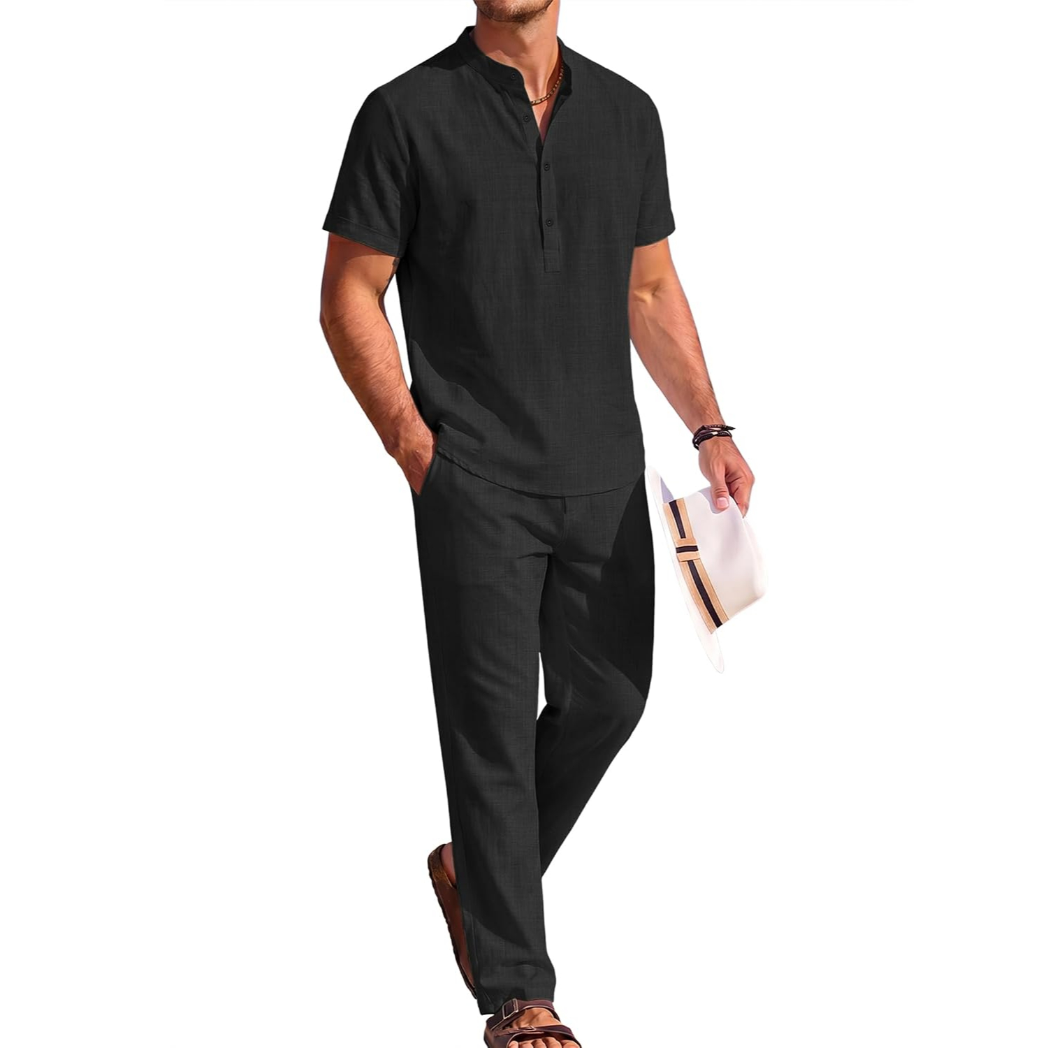 2 Pieces Casual Short Sleeve Henley Shirt And Pant Outfits Set For Men