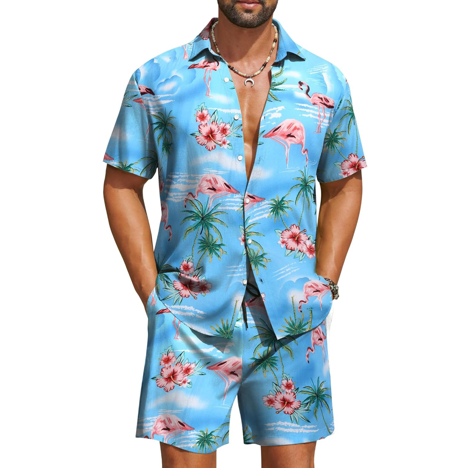 2 Pieces Hawaiian Vacation Button Down Shirt And Short Matching Outfit Set For Men