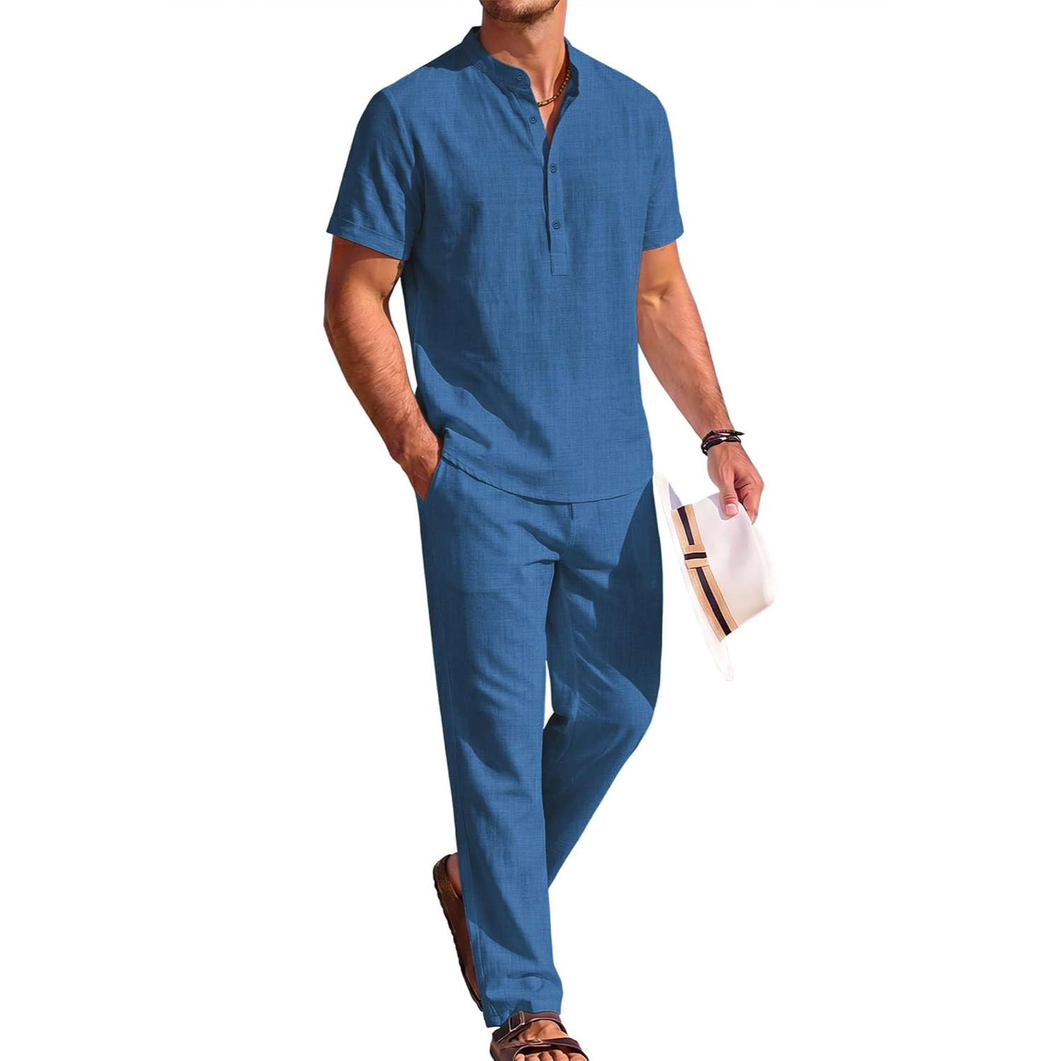 2 Pieces Casual Short Sleeve Henley Shirt And Pant Outfits Set For Men
