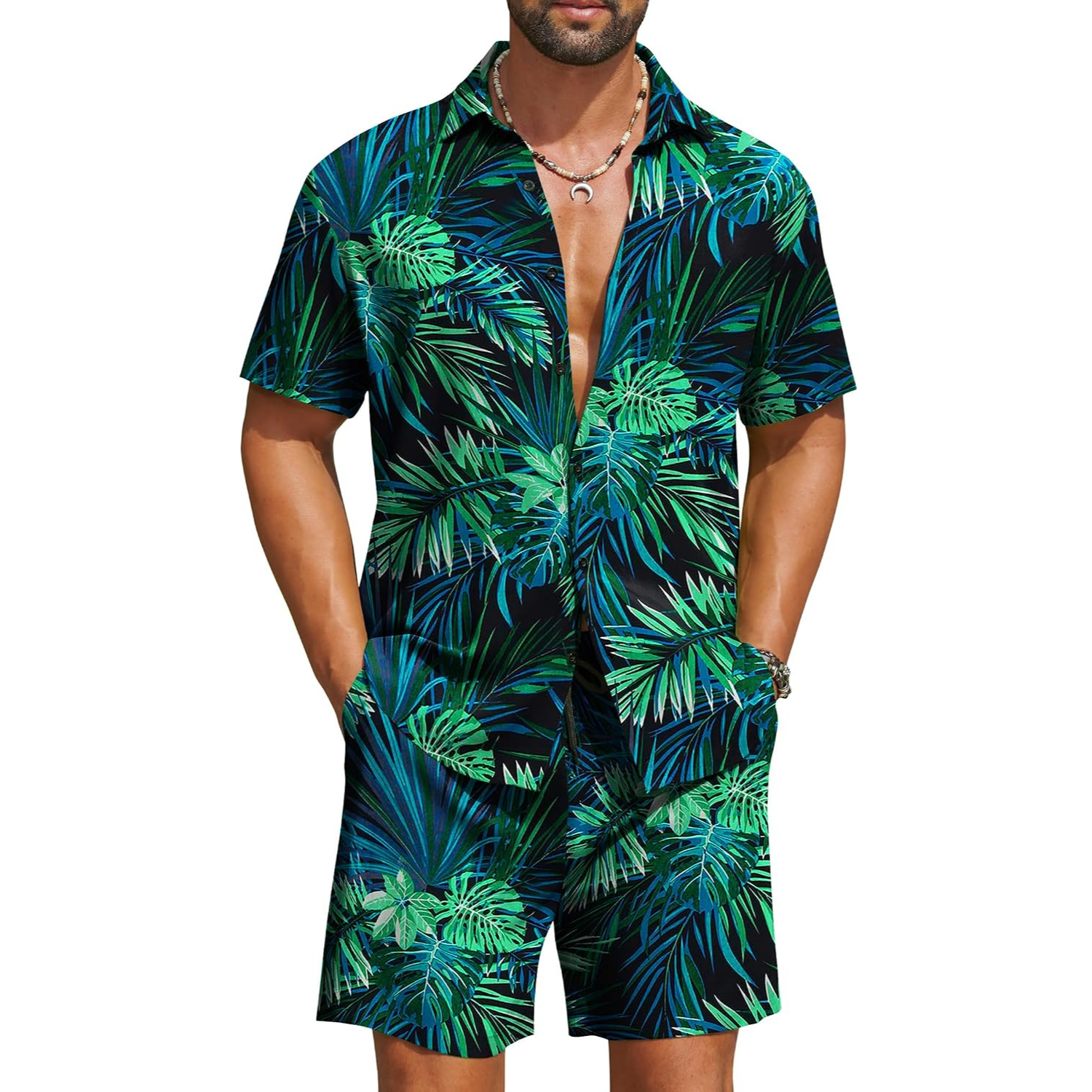 2 Pieces Hawaiian Vacation Button Down Shirt And Short Matching Outfit Set For Men