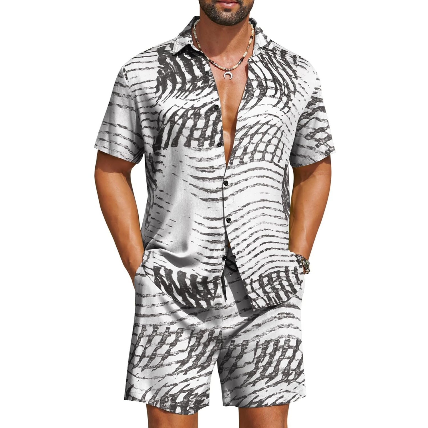 2 Pieces Hawaiian Vacation Button Down Shirt And Short Matching Outfit Set For Men