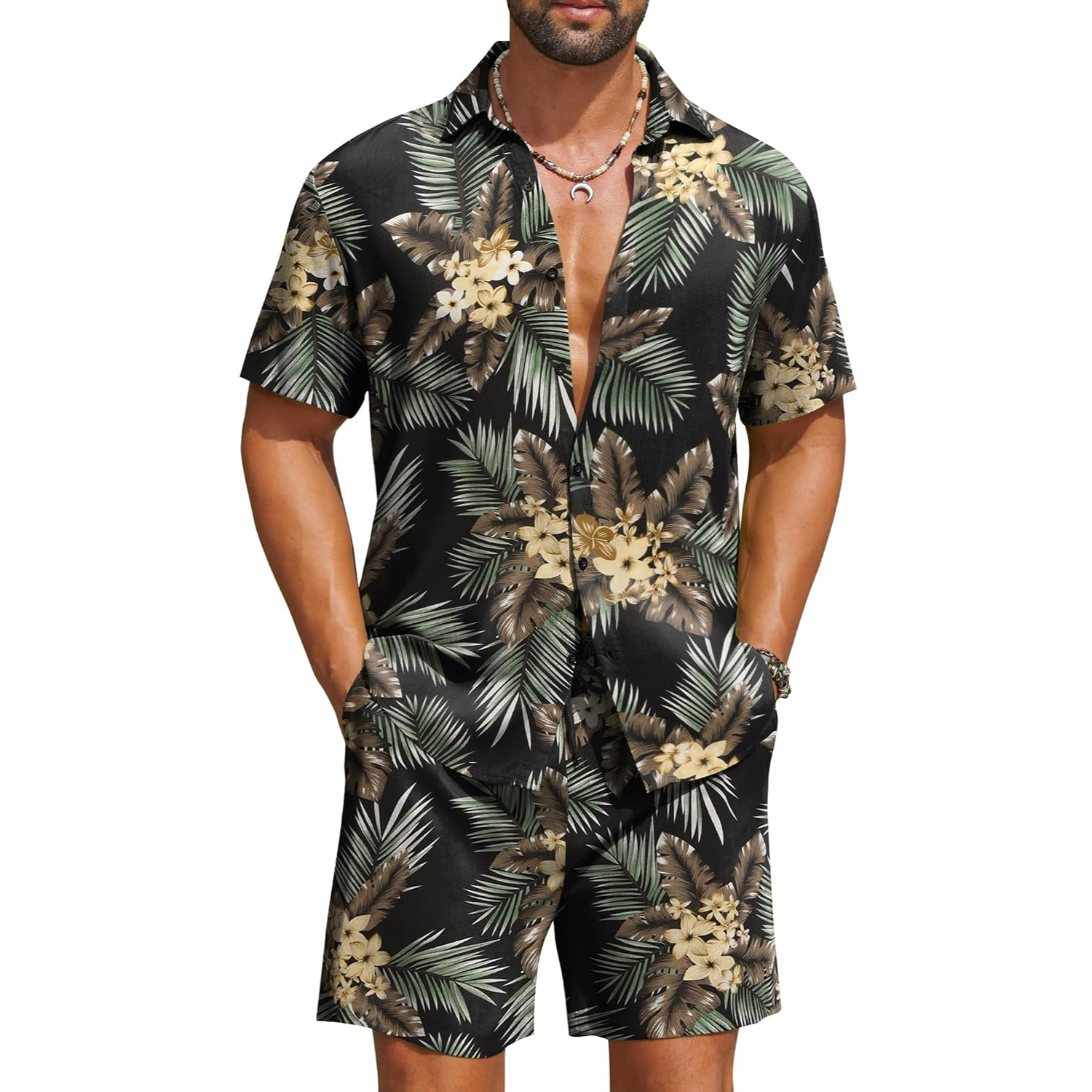 2 Pieces Hawaiian Vacation Button Down Shirt And Short Matching Outfit Set For Men