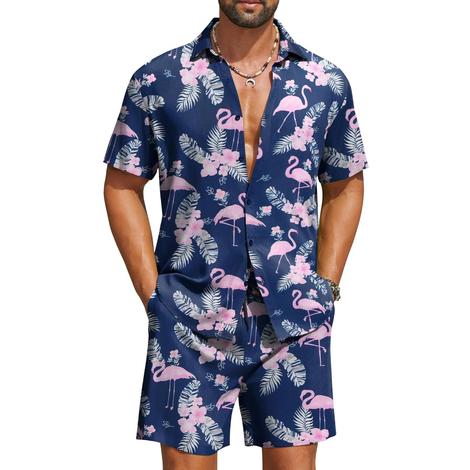 2 Pieces Hawaiian Vacation Button Down Shirt And Short Matching Outfit Set For Men