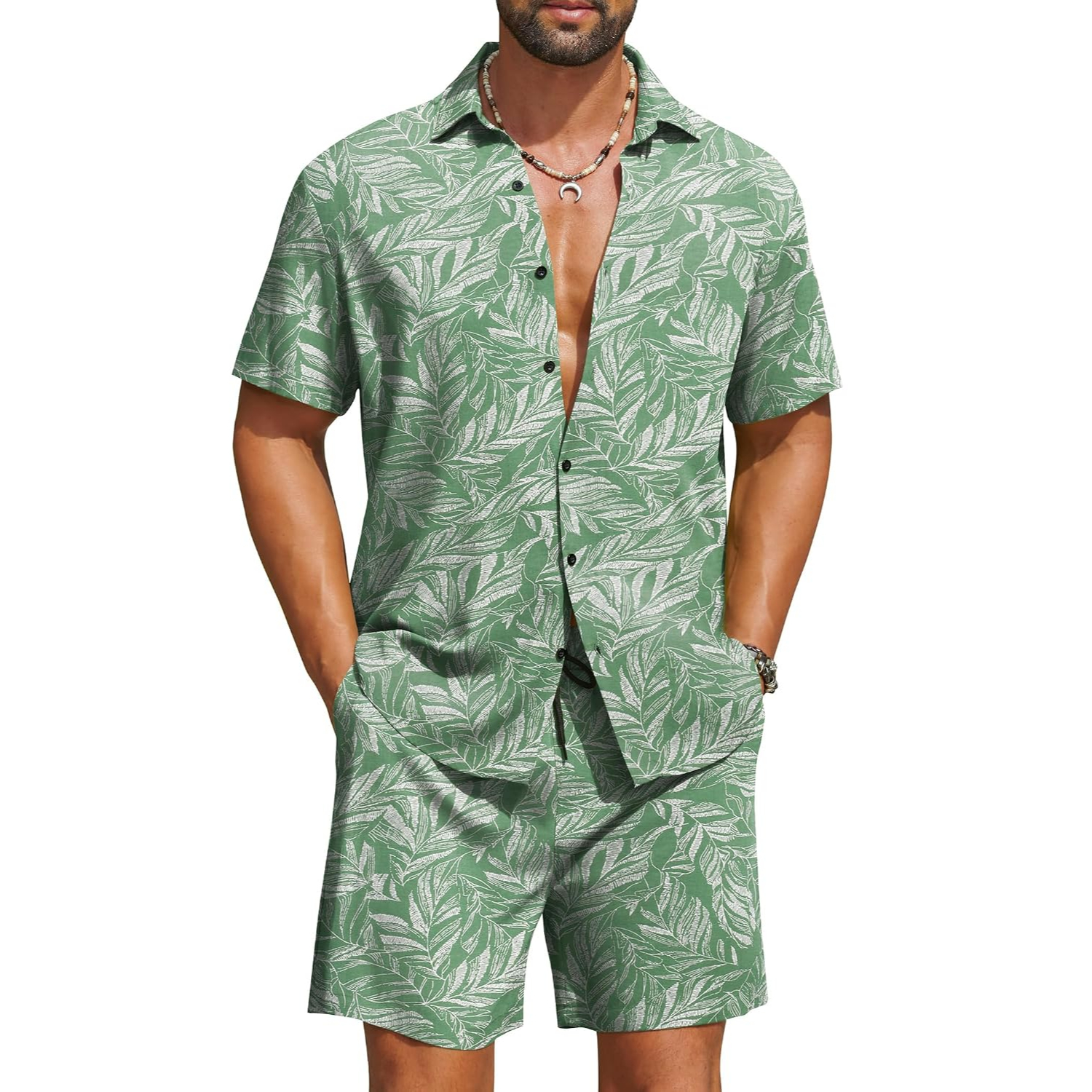 2 Pieces Hawaiian Vacation Button Down Shirt And Short Matching Outfit Set For Men