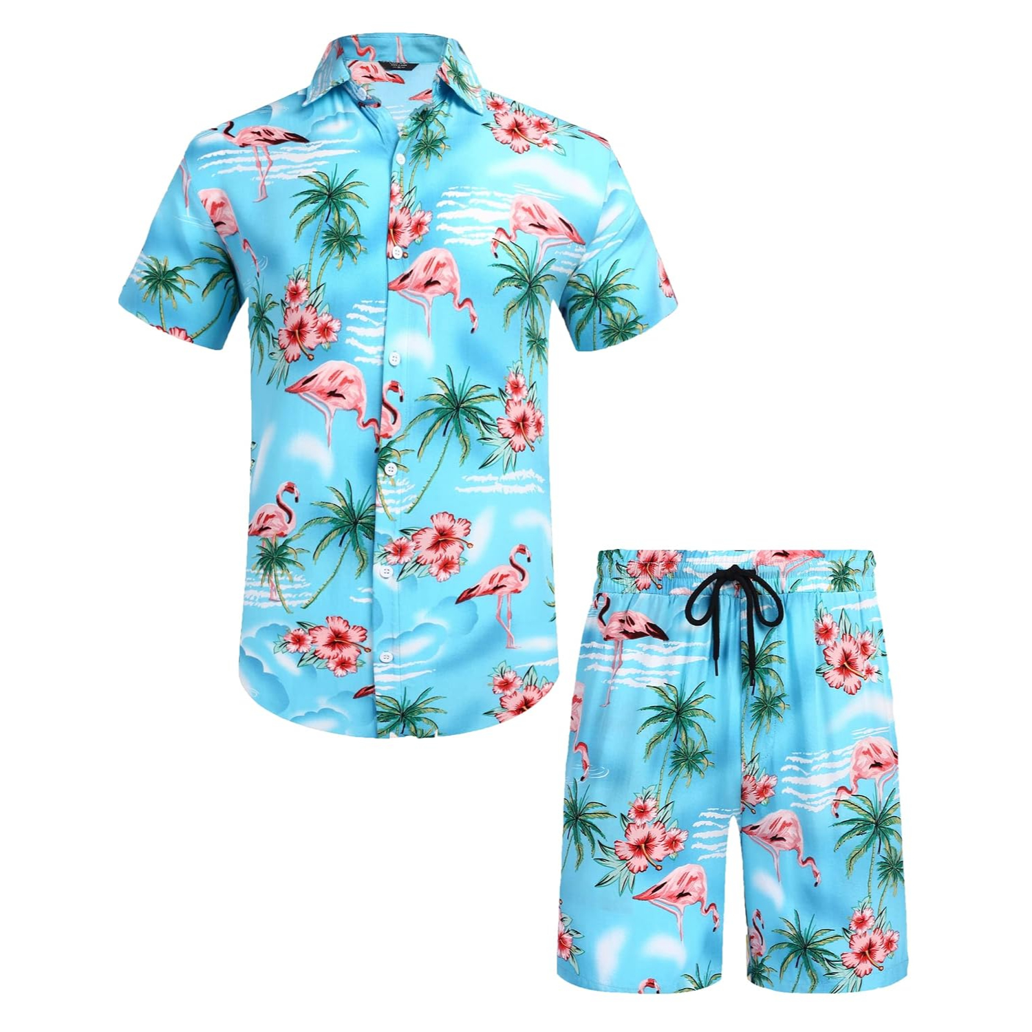 2 Pieces Hawaiian Vacation Button Down Shirt And Short Matching Outfit Set For Men