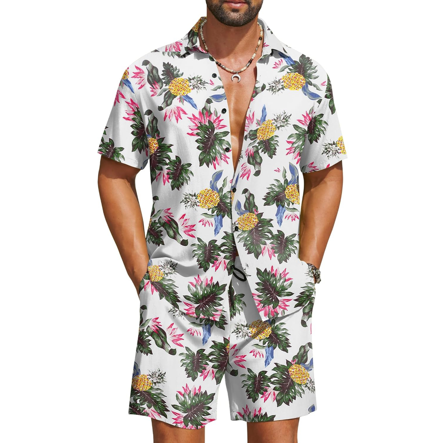2 Pieces Hawaiian Vacation Button Down Shirt And Short Matching Outfit Set For Men