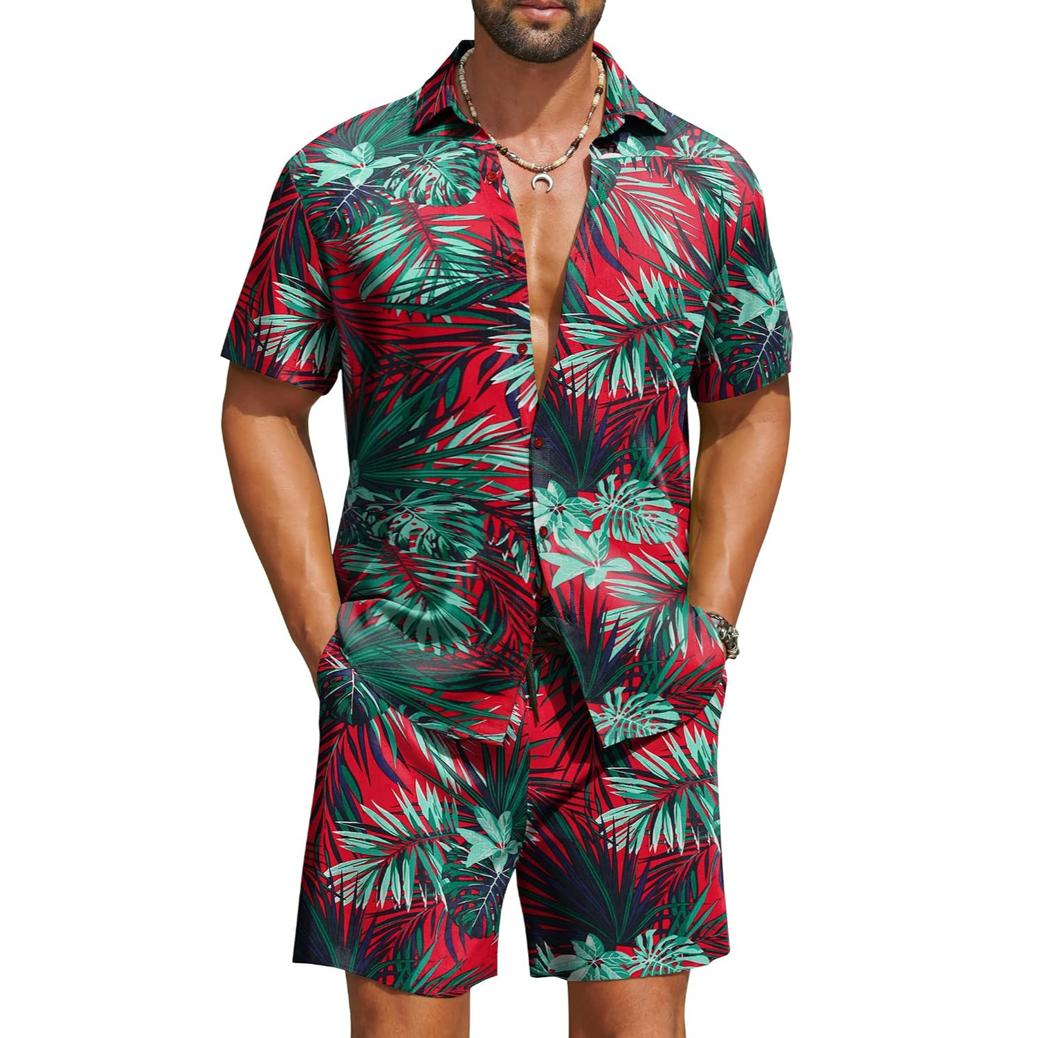 2 Pieces Hawaiian Vacation Button Down Shirt And Short Matching Outfit Set For Men