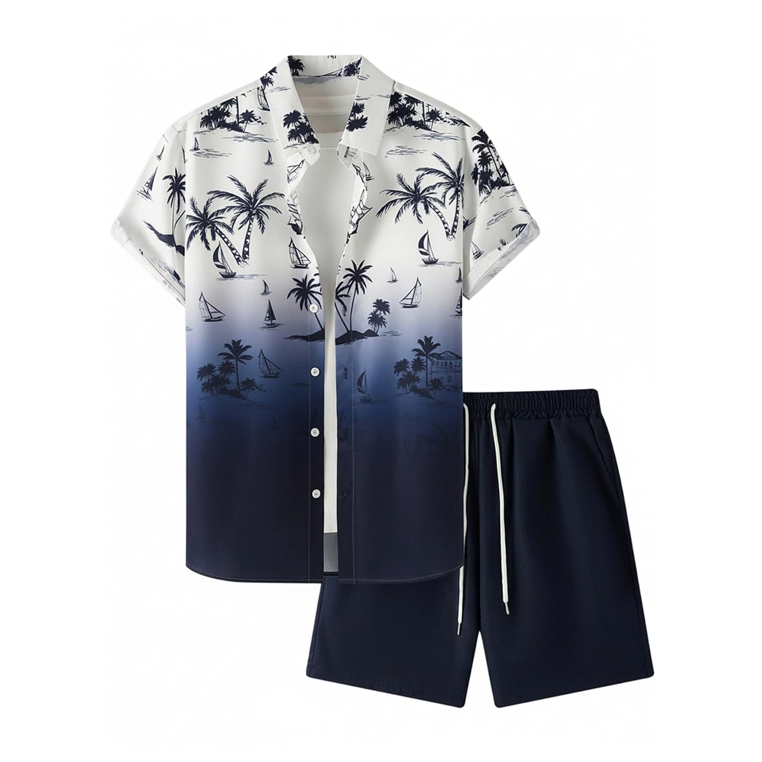 Short Sleeve Button Down Vacation Shirt and Drawstring Beach Short Set For Men