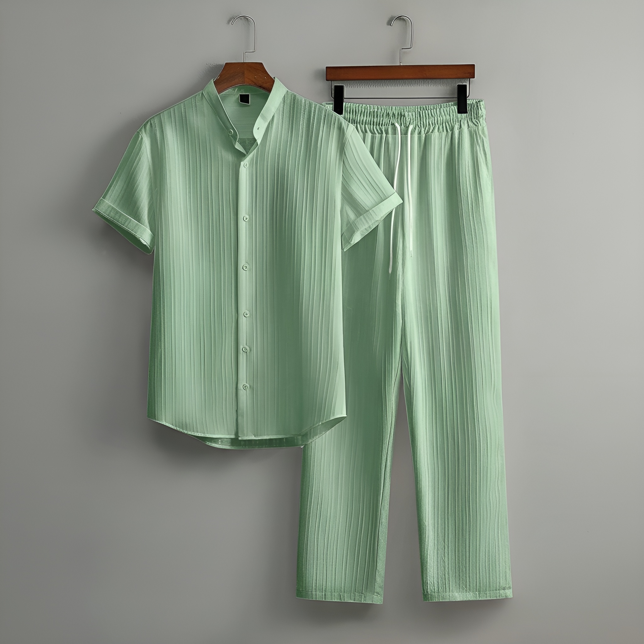Short Sleeve Textured Shirt And Drawstring Pants Two Piece Set For Men