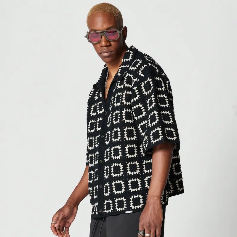  Men's Dark Green Colorblock Knit Short-Sleeve T-Shirt with All Over Print Loose Fit Casual Vacation Wear Tops Button Up