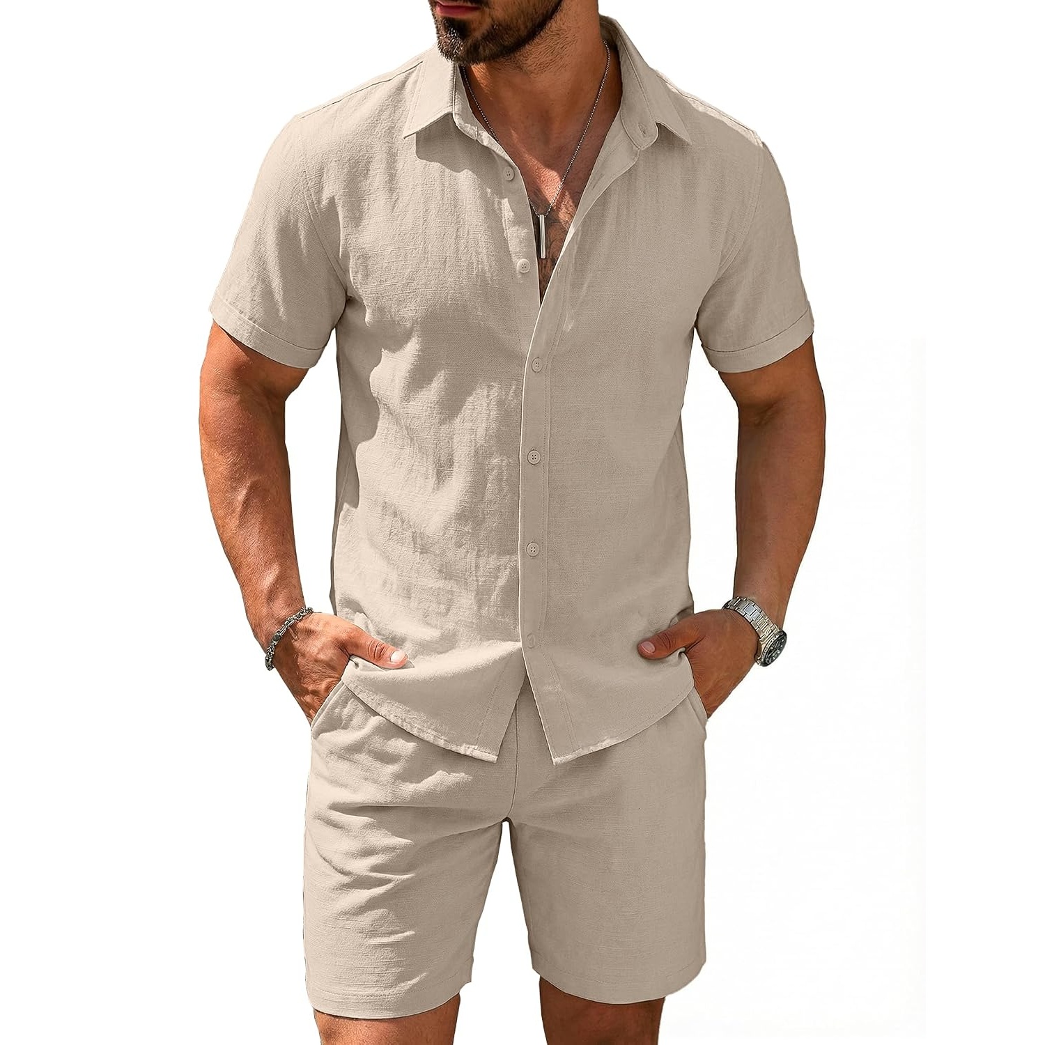 Casual Cotton Linen Summer Beach Wear Shirt And Short Set For Men