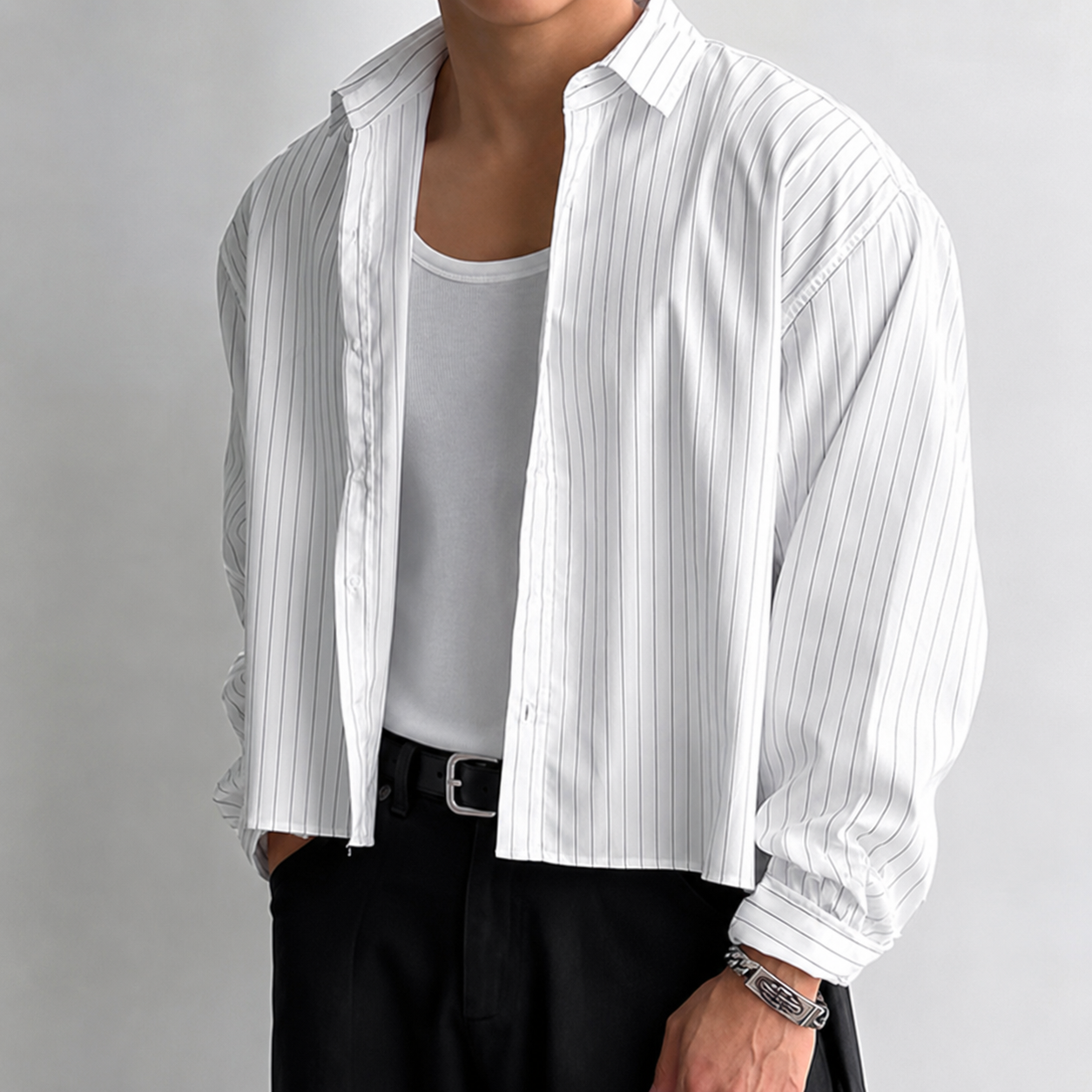  Minimalist Striped Long Sleeve Button Up Cropped Top Shirt For Men