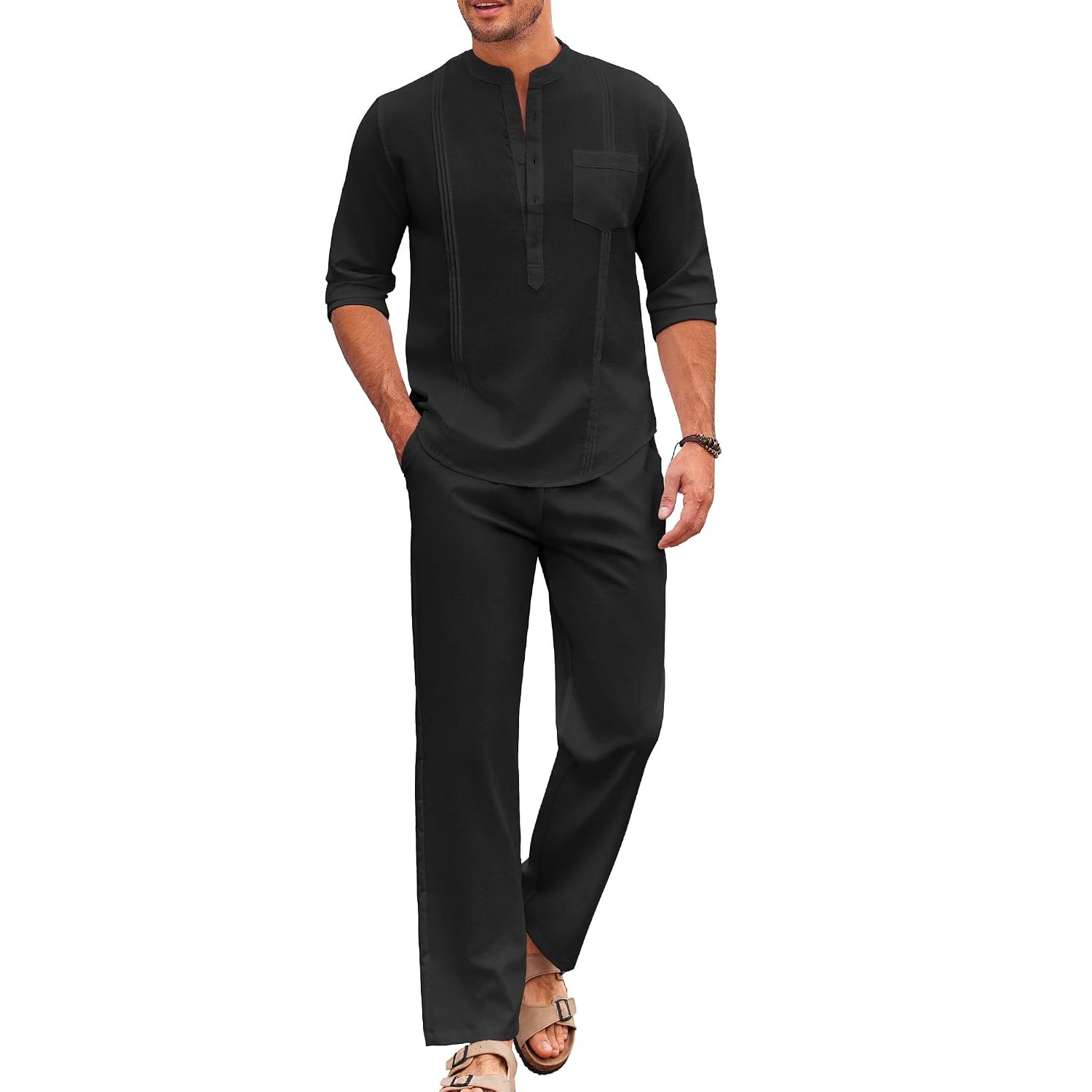 Casual Long Sleeve Loose Beach Shirt And Pant Set For Men