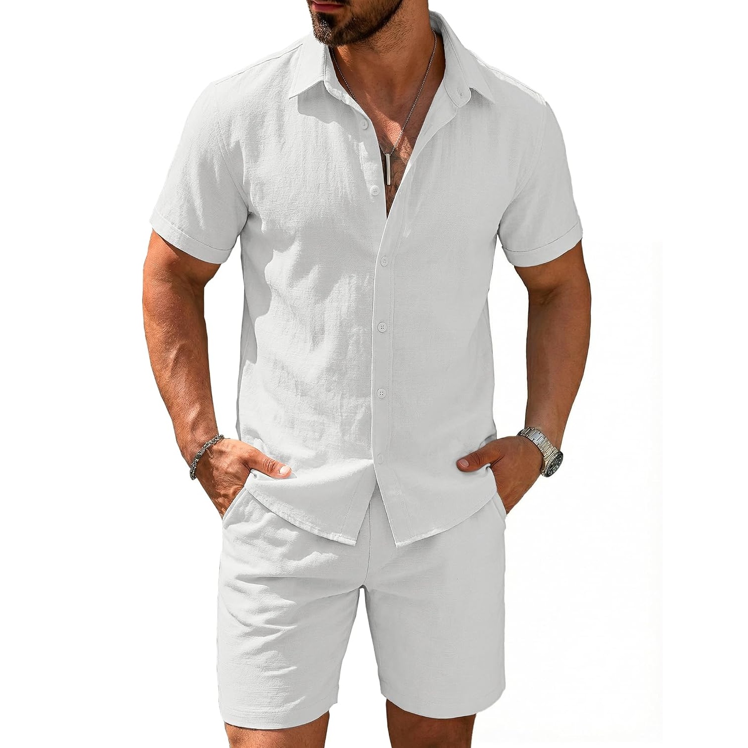 Casual Cotton Linen Summer Beach Wear Shirt And Short Set For Men