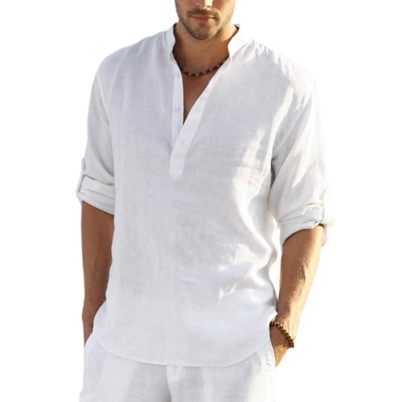 Casual Stand Collar Long Roll Up Sleeve Button Down Shirt For Men