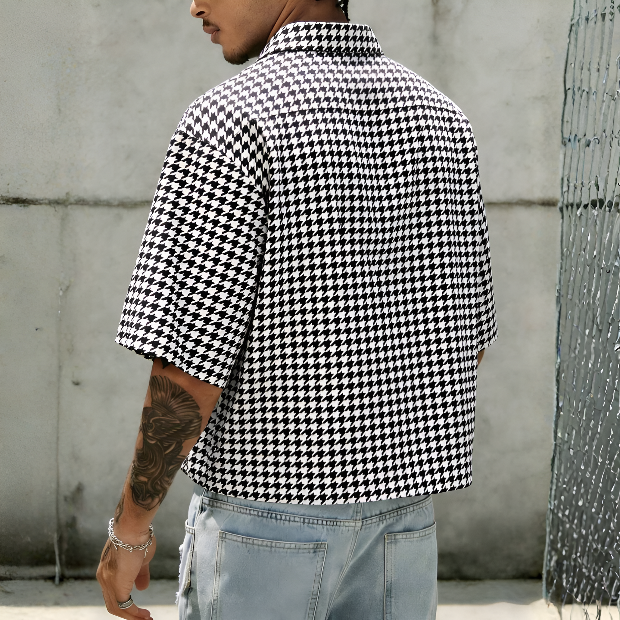 Houndstooth Slim Fit Short Sleeve Casual Street Style Shirt For Men