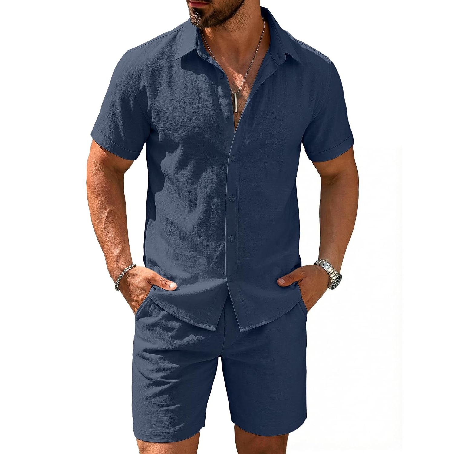 Casual Cotton Linen Summer Beach Wear Shirt And Short Set For Men