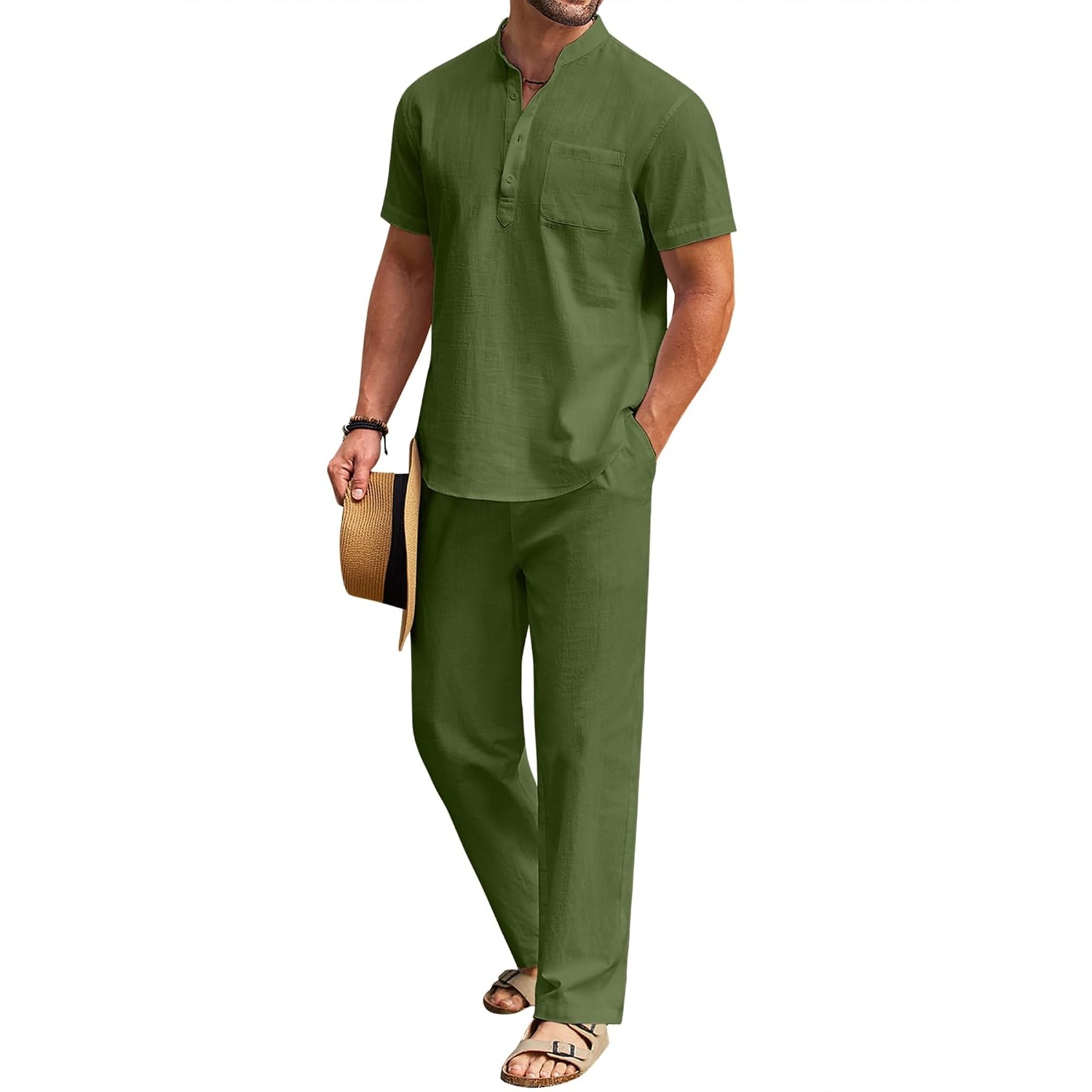 Casual Short Sleeve Cotton Linen Shirt And Pant Set For Men