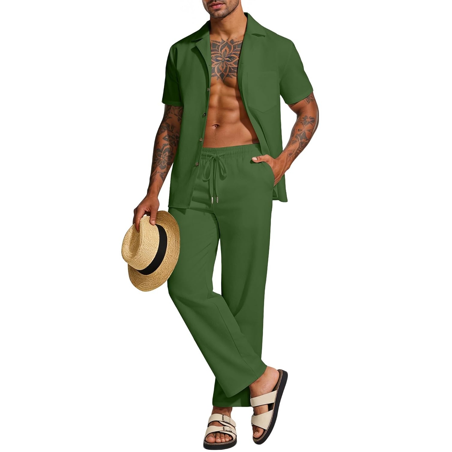 Casual Linen Summer Beach Shirt And Pant Set For Men