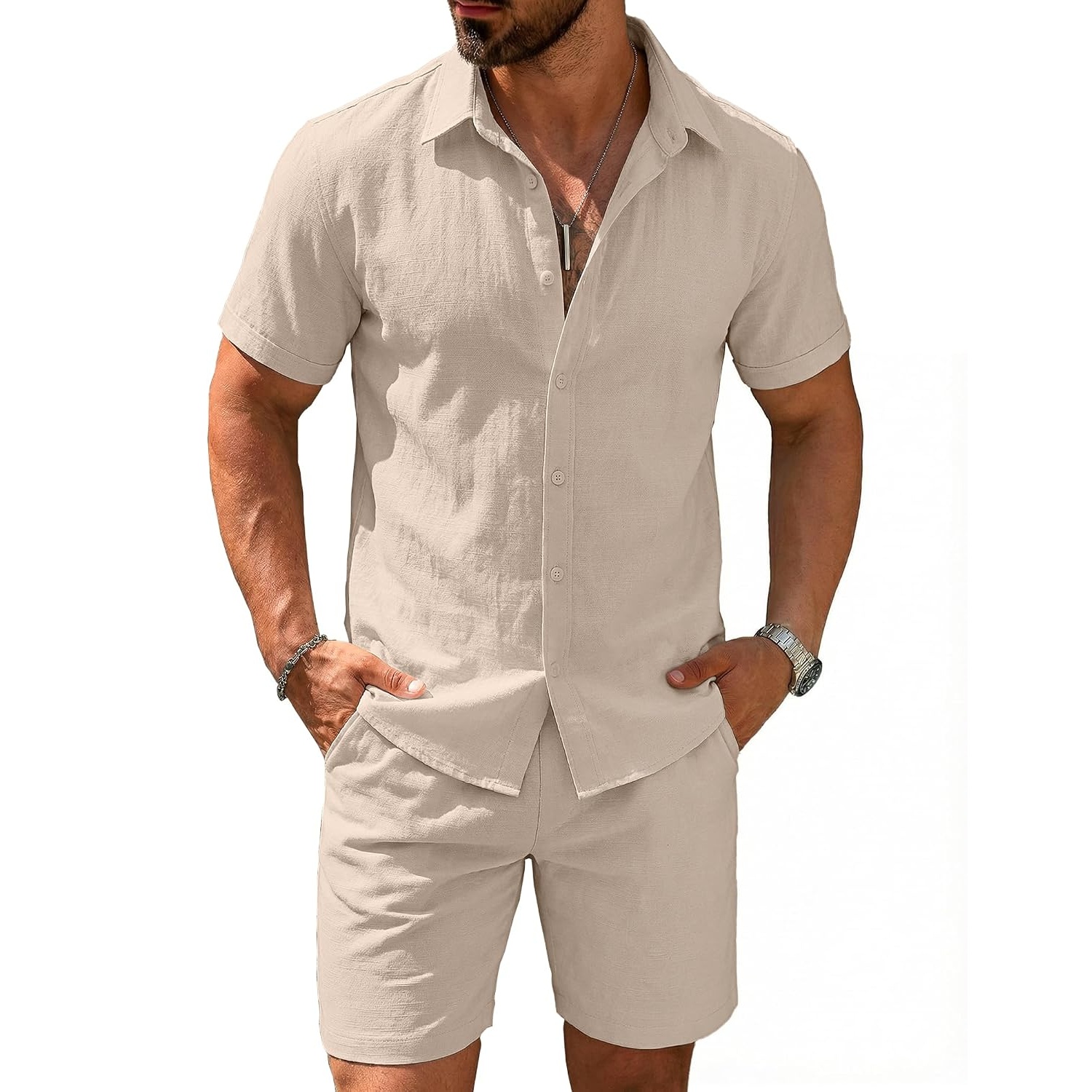 Casual Cotton Linen Summer Beach Wear Shirt And Short Set For Men
