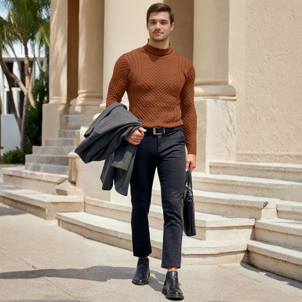 Men's Slim Fit Turtleneck Sweater Casual Knitted Twisted Pullover Solid Sweaters