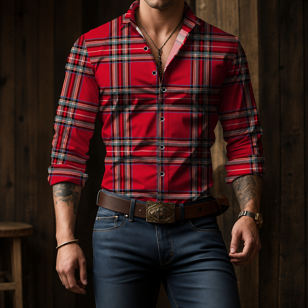 Plaid Checkered Print Long Sleeve Collared Shirt For Men