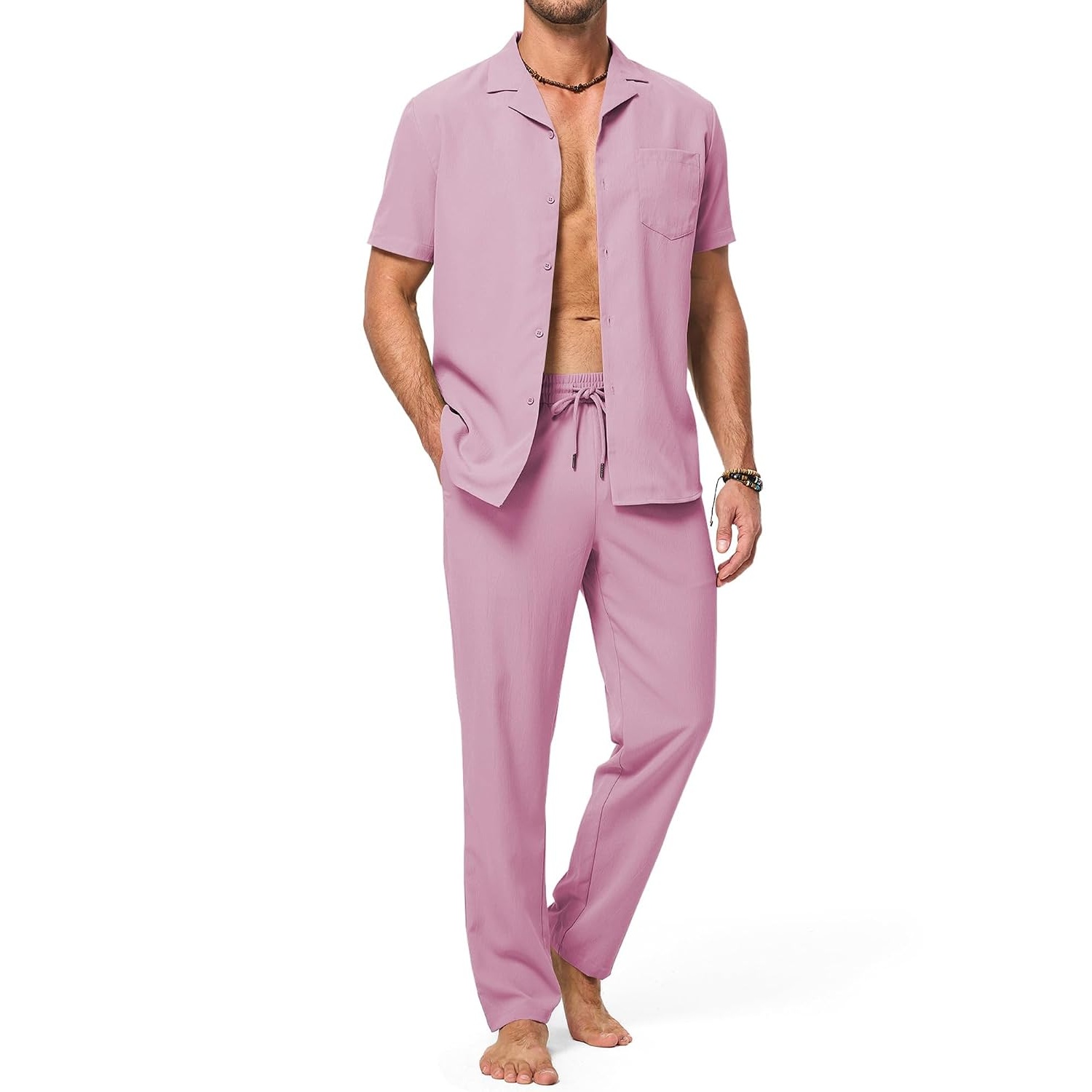Casual Beach Short Sleeve Shirt And Pant Set For Men