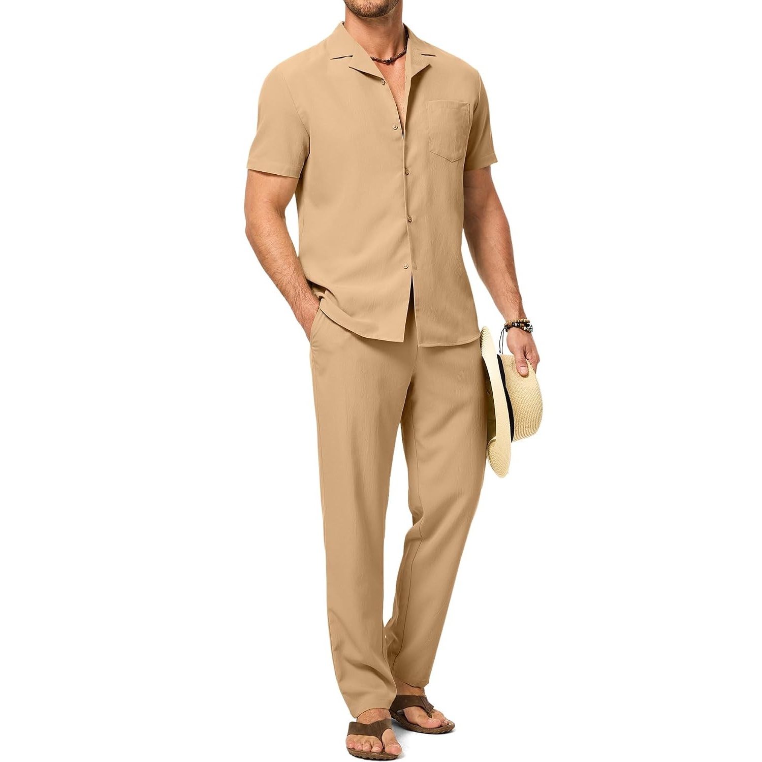 Casual Beach Short Sleeve Shirt And Pant Set For Men
