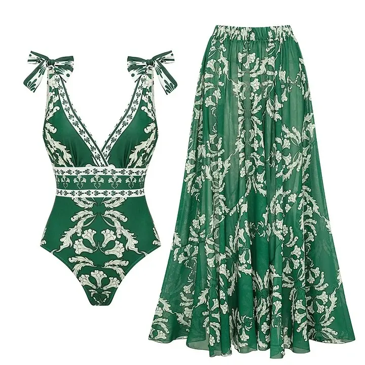 Women's v-neck Green Print One Piece Swimsuit and Matching Cover Skirt Set