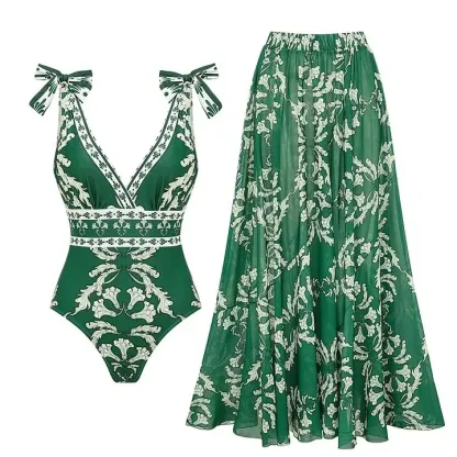Women's v-neck Green Print One Piece Swimsuit and Matching Cover Skirt Set