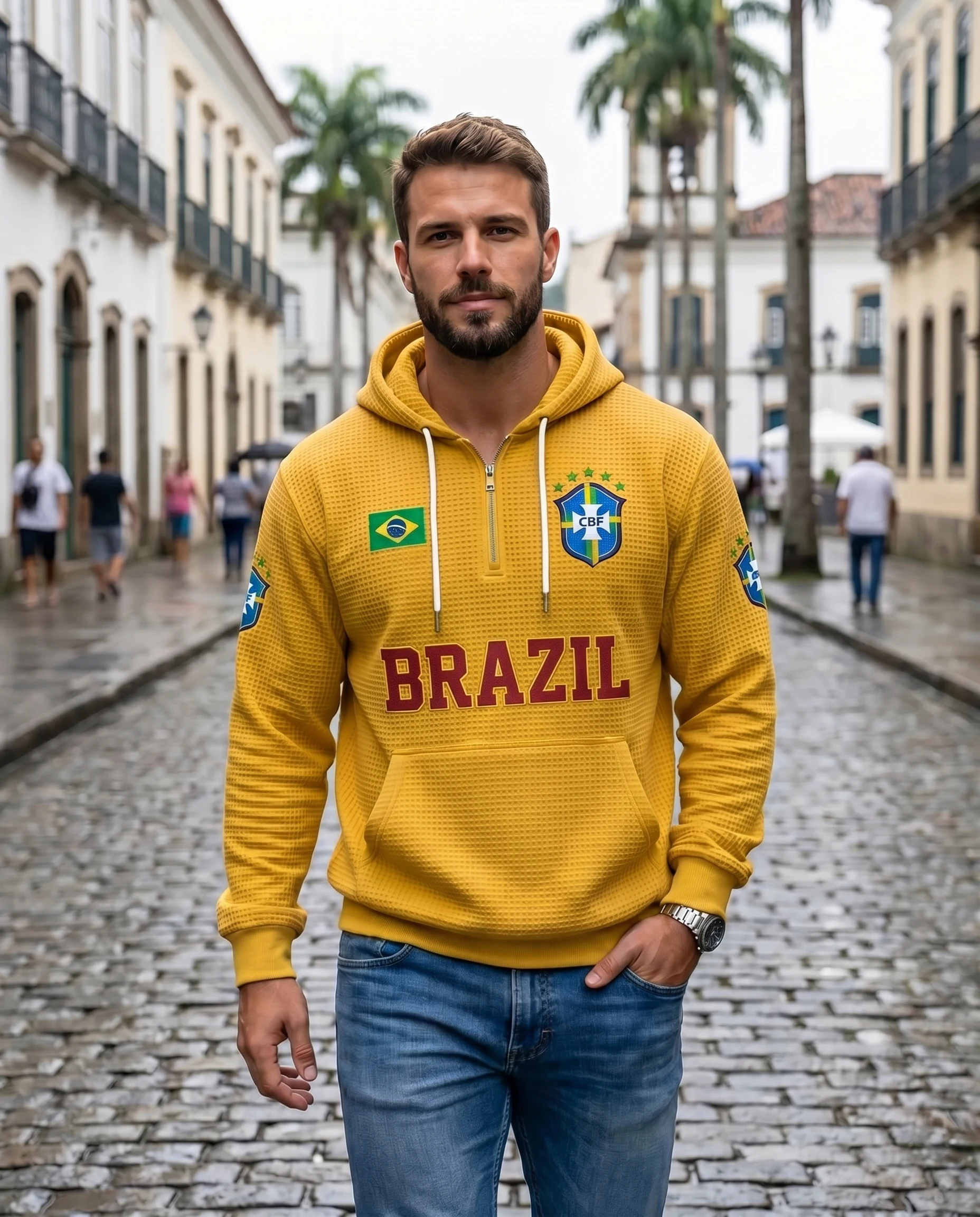 Brazil waffle quarter-zip football fan hoodie
