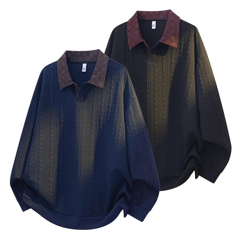 Pack of 2 Cable Knit Long Sleeve Polo Pullover T Shirt with Contrast Collar for Men
