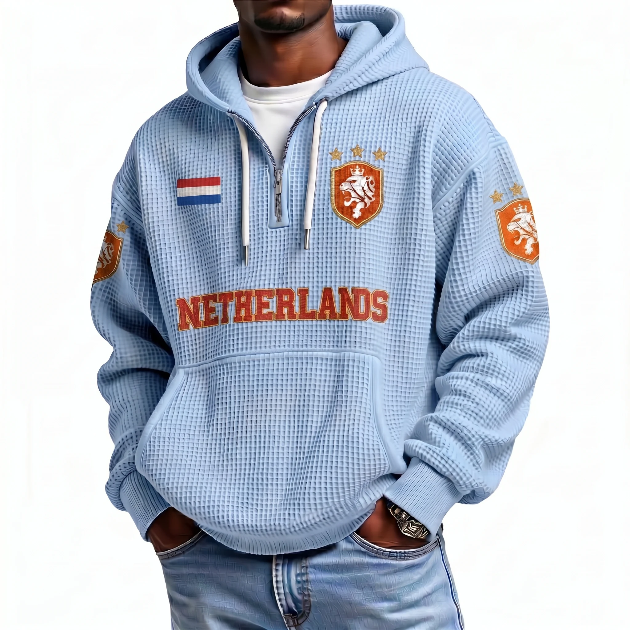 Netherlands Printed Waffle Quarter Zip Football Fan Hoodie