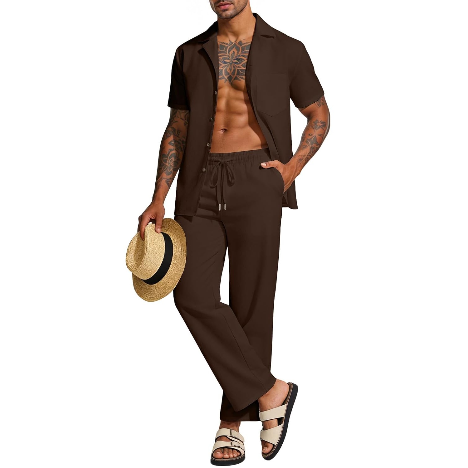 Casual Linen Summer Beach Shirt And Pant Set For Men