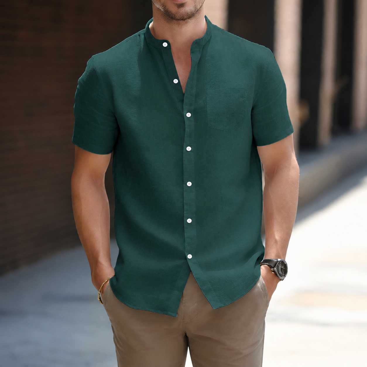 Vintage Retro Slim Fit Short Sleeve Casual Collared Shirt For Men