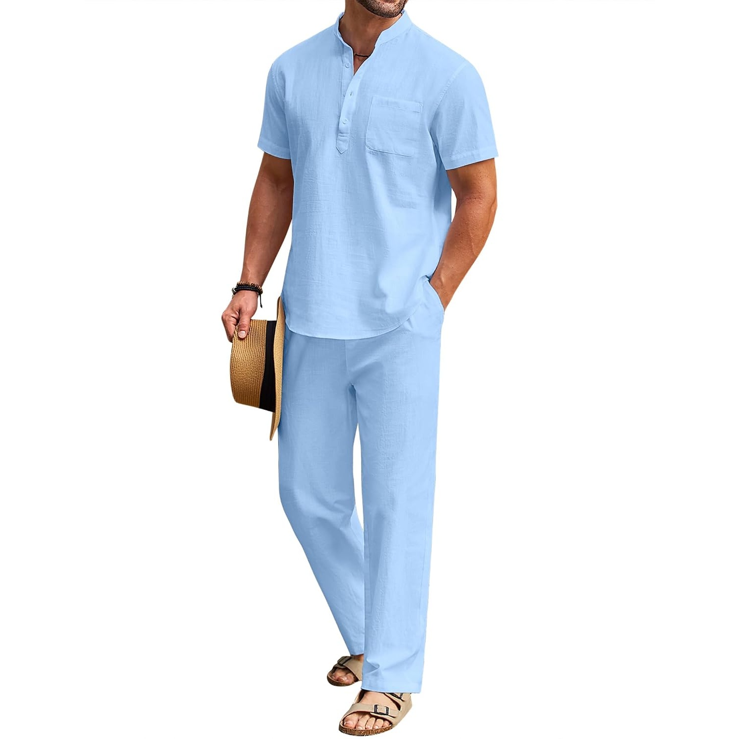 Casual Short Sleeve Cotton Linen Shirt And Pant Set For Men