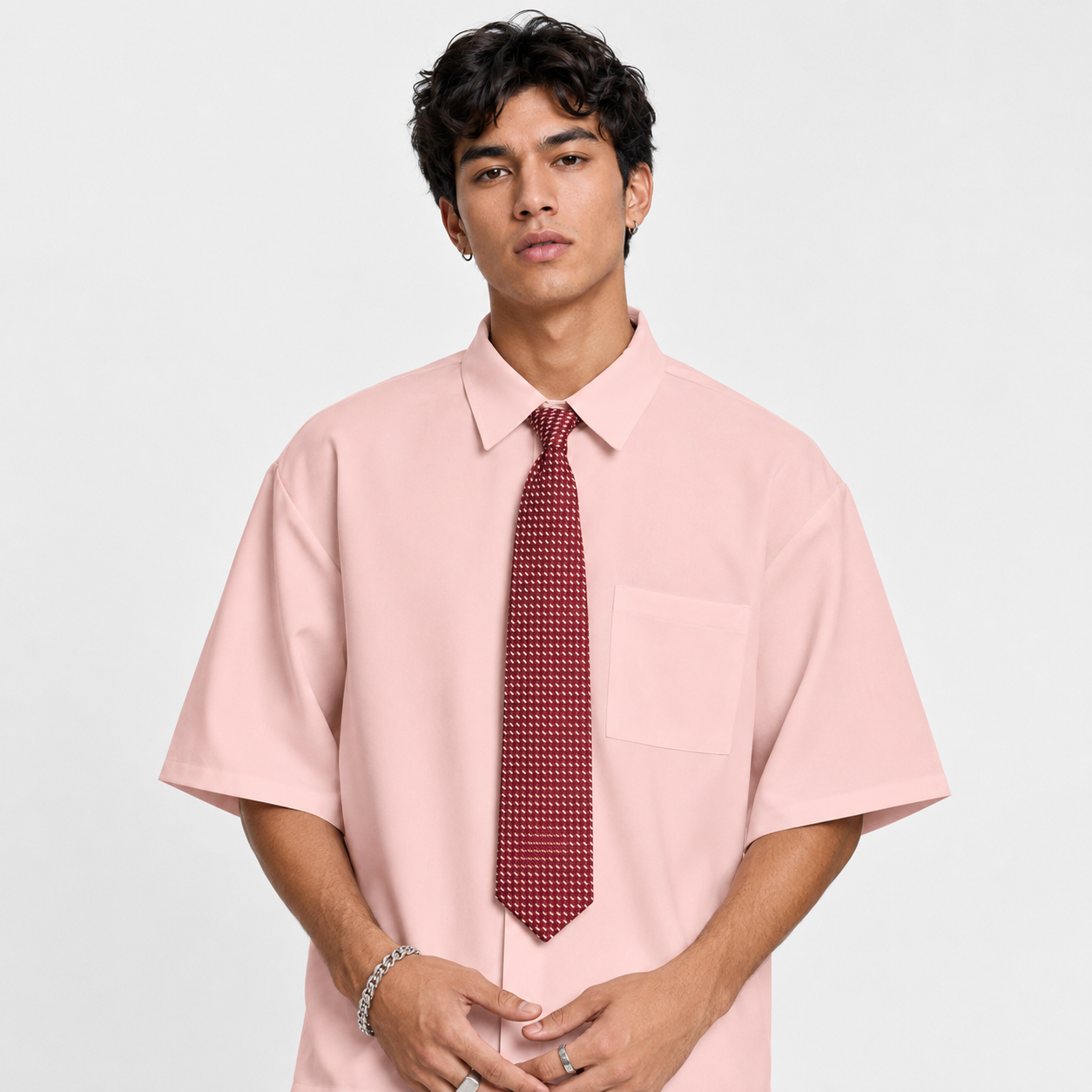 Solid Color Loose Fit Short Sleeve Shirt With Tie For Men