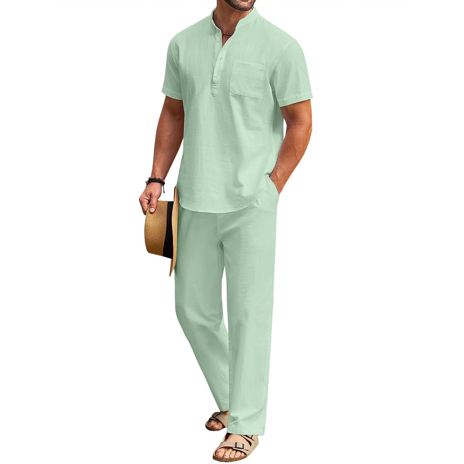 Casual Short Sleeve Cotton Linen Shirt And Pant Set For Men