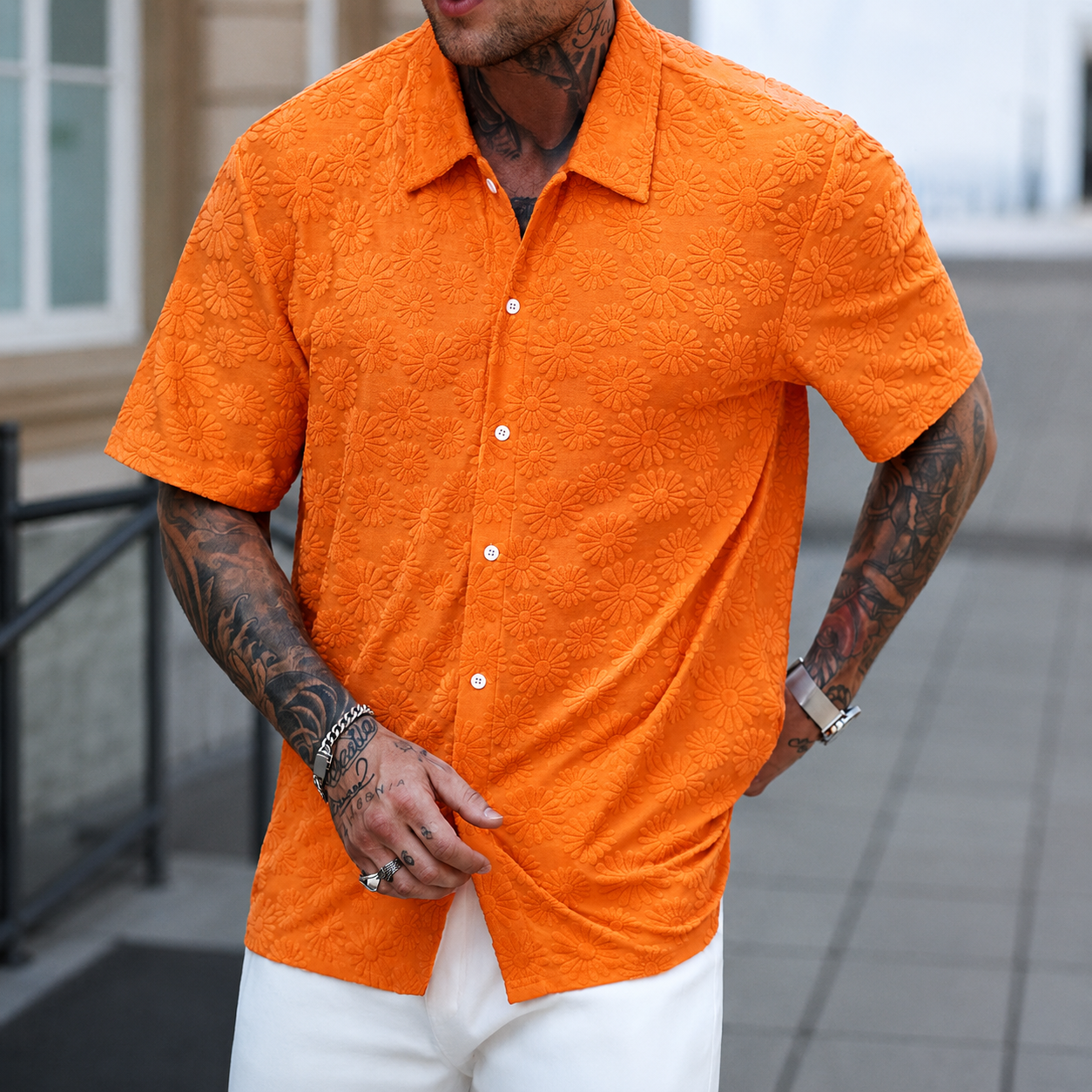 Casual Solid Colored Textured Jacquard Short Sleeve Shirt