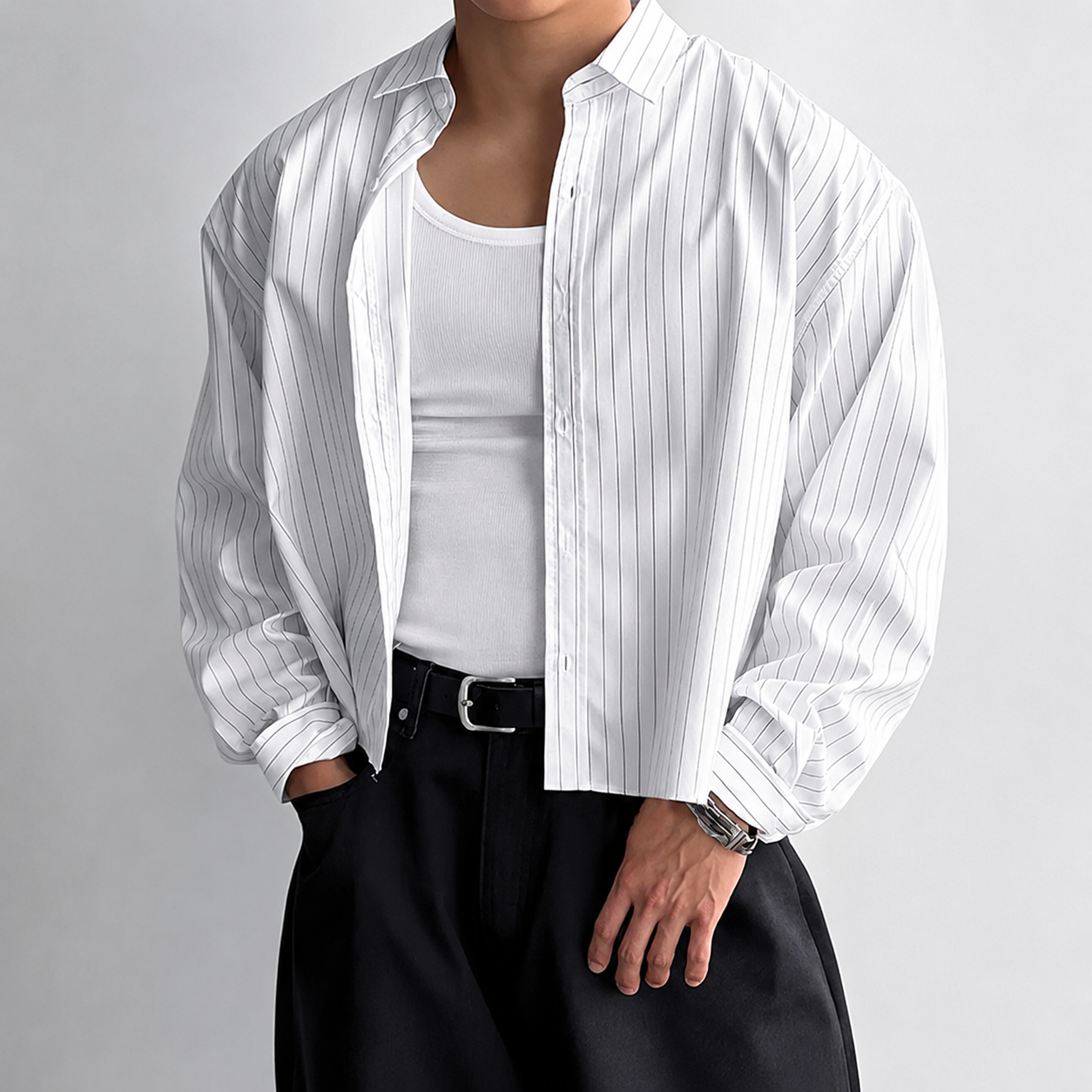  Minimalist Striped Long Sleeve Button Up Cropped Top Shirt For Men